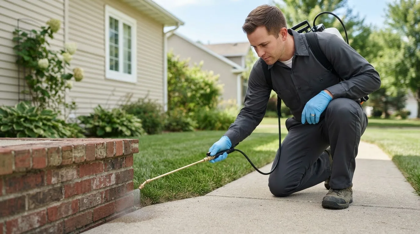 Pest control technician treating a home near Davisville, MO