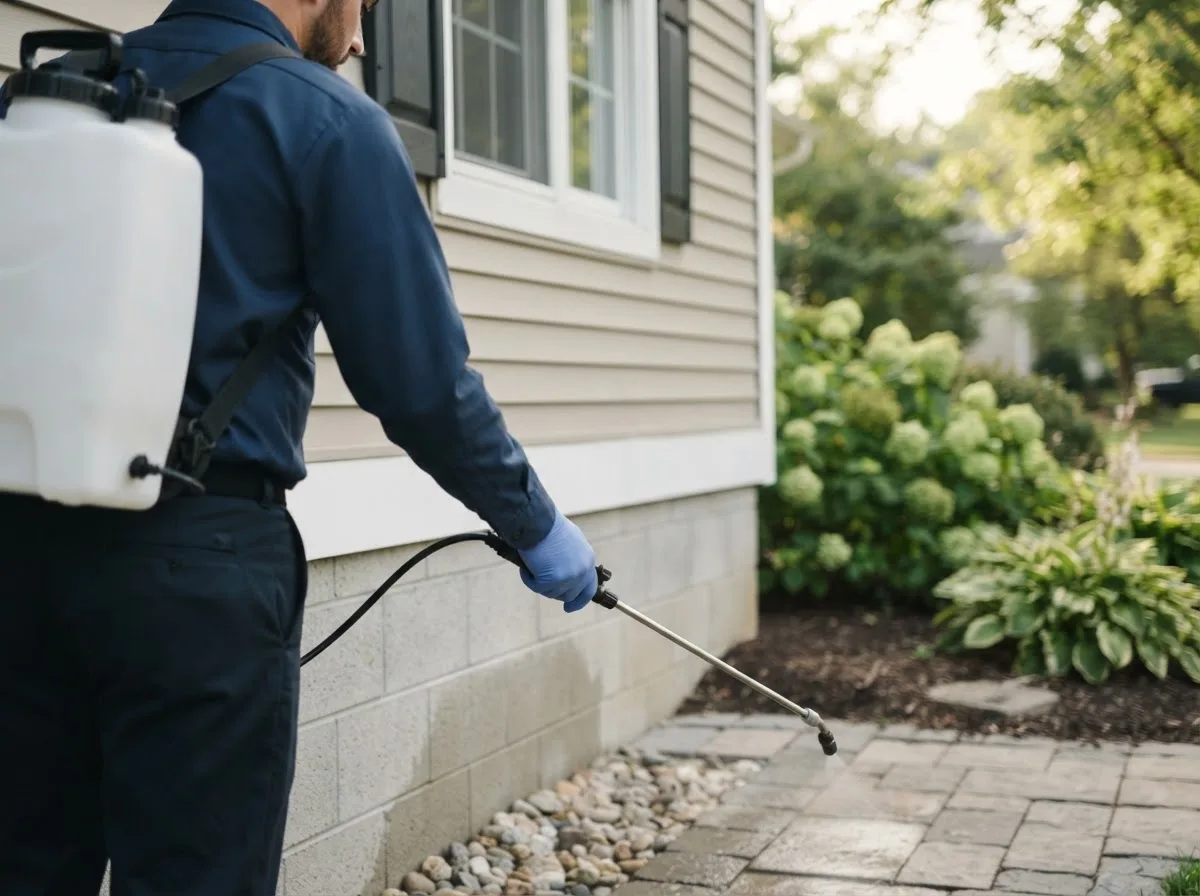 Pest control technician inspecting a home in Davisville, MO